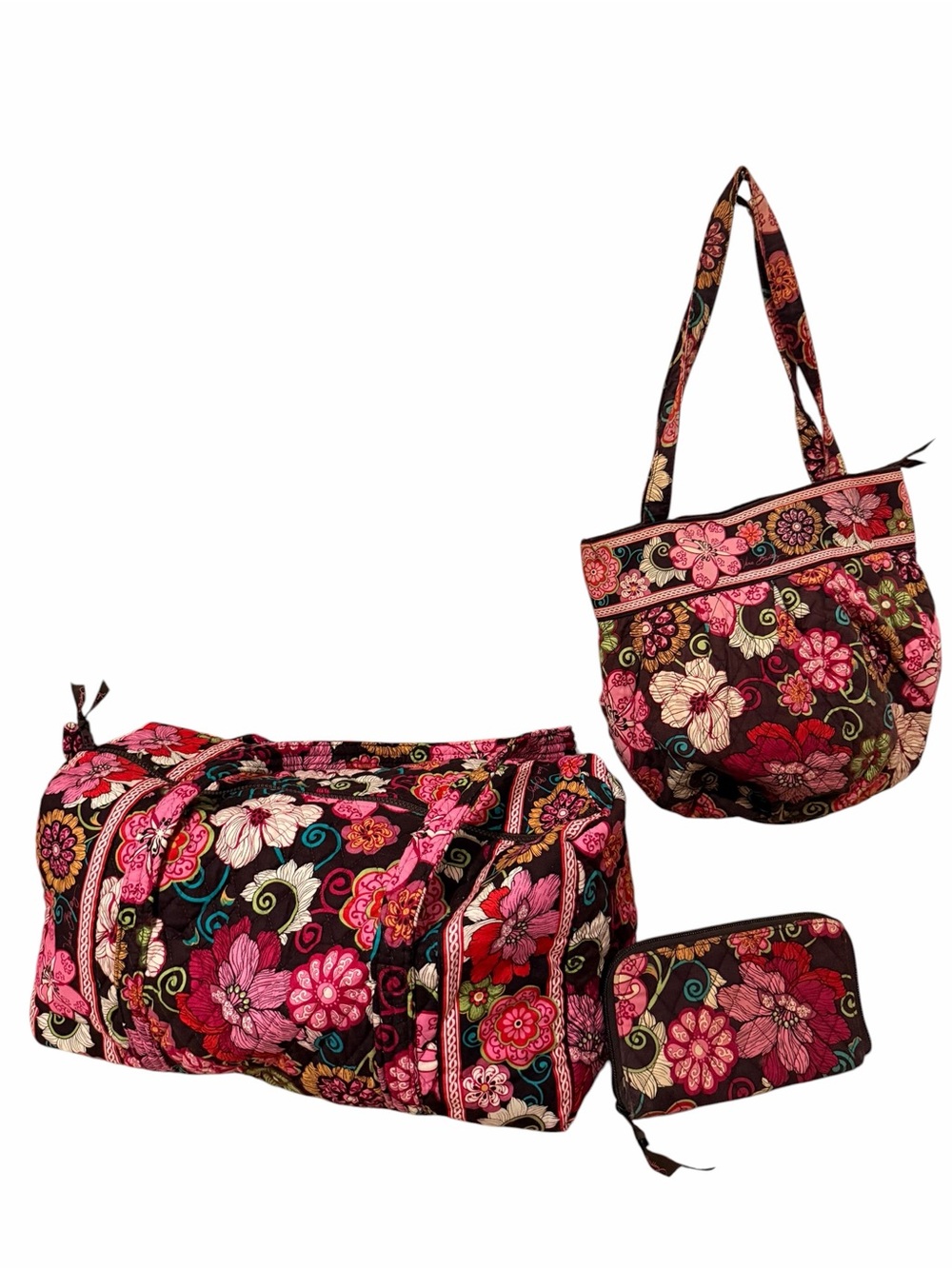 Vera Bradley Brown Floral Quilted Tote, Duffel & Pouch Set in Pink Accents